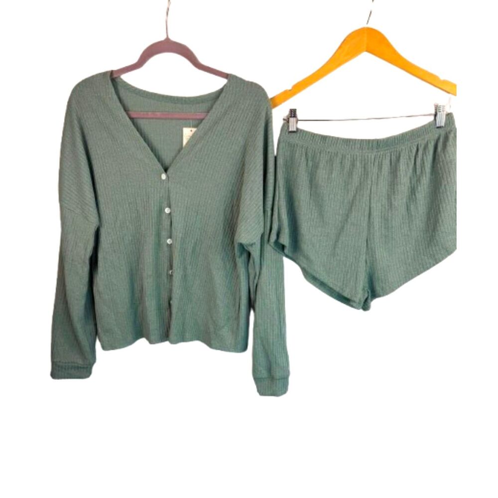 Cupshe Green Ribbed Cardigan and Shorts Lounge Pajama Set Size XL NWT